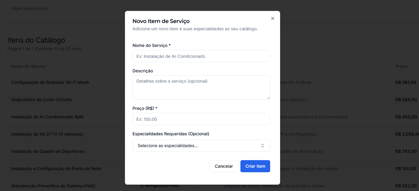 New service item registration form.