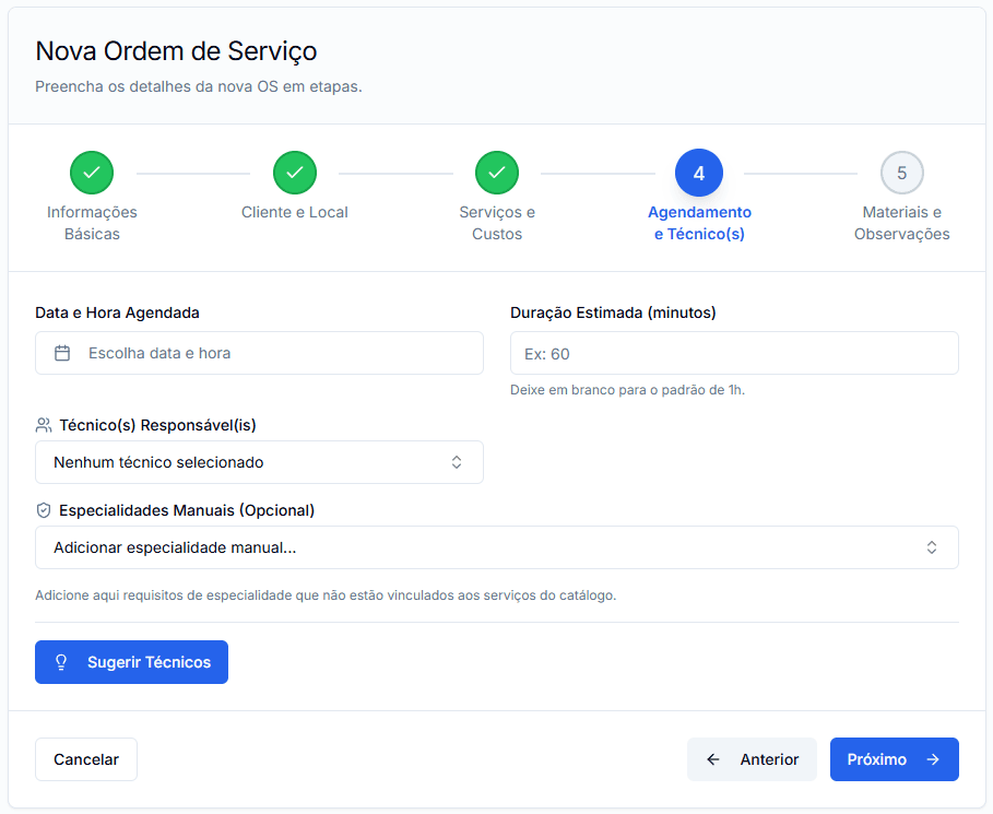 WO creation form with technician assignment.