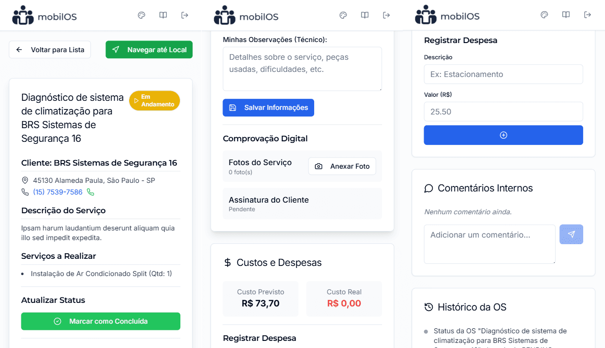 Digital proofs, comments, and history sections in the technician's WO.