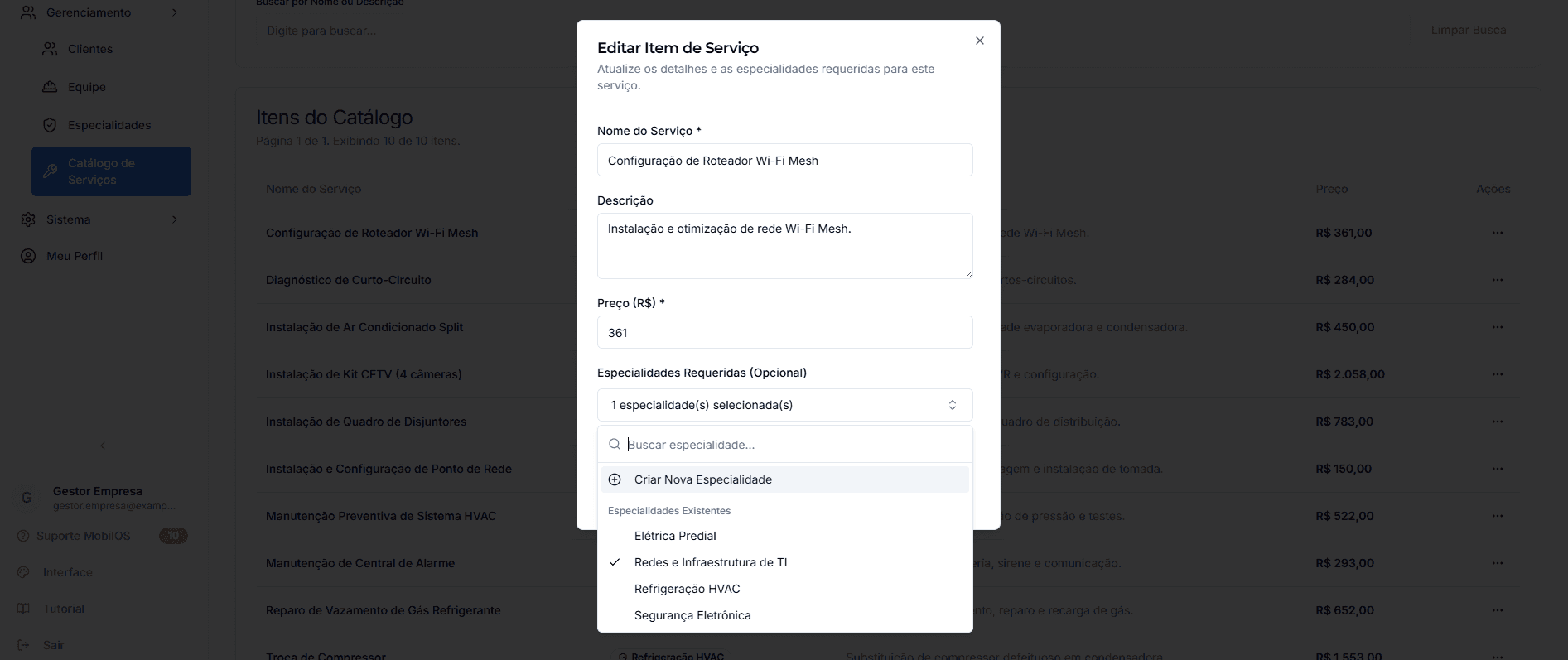 Editing a service to require specialties.