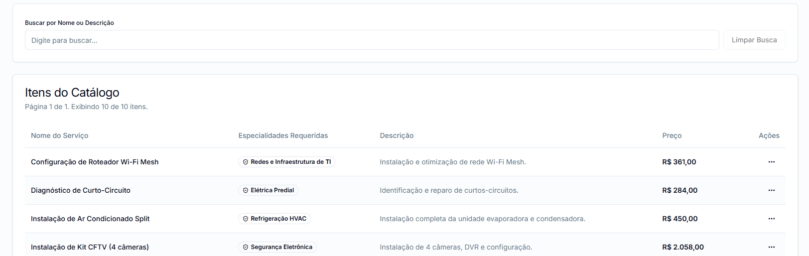 List of service catalog items with search bar.