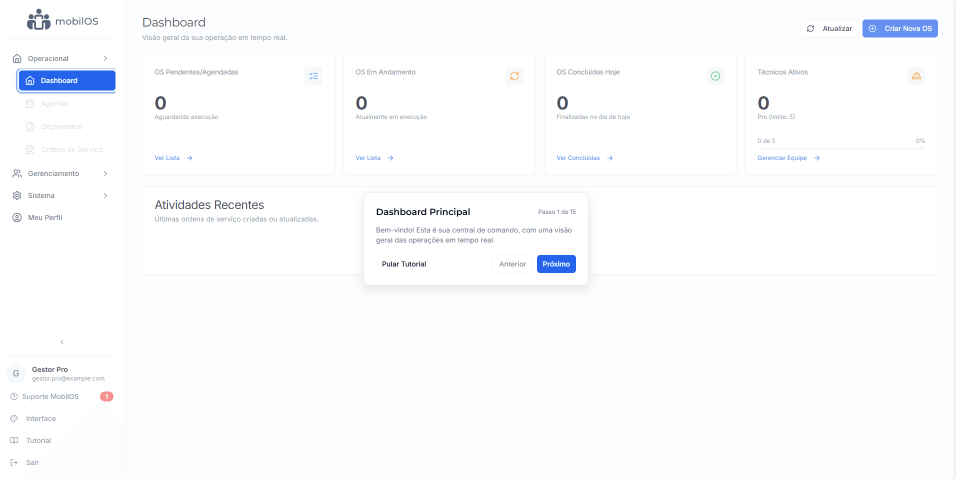 Initial guided tutorial screen in MobilOS.